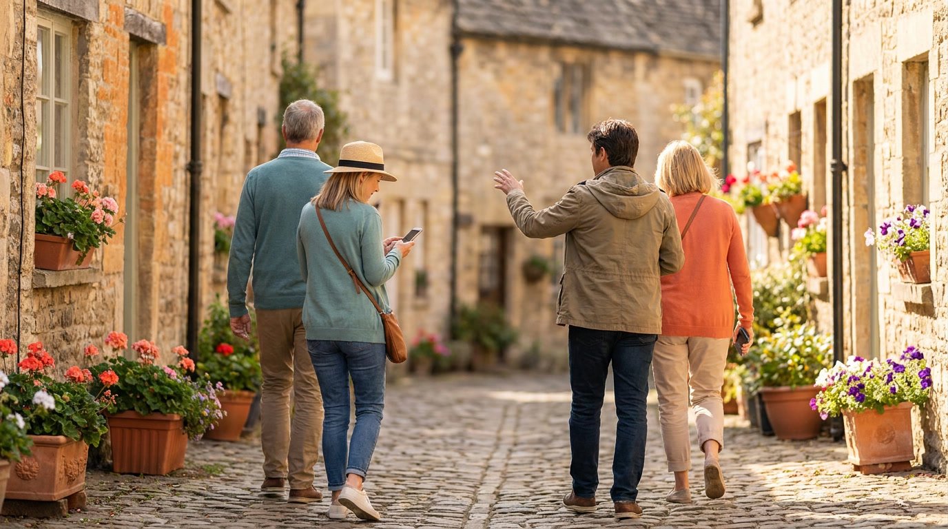 A small group of travelers walking with a guide along a sunny cobbled lane.